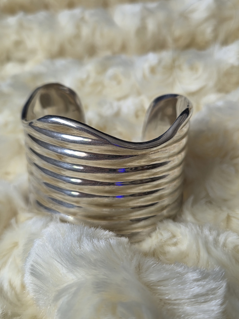 Vintage Sterling Silver Ribbed Beveled Wavy 4cm Wide Cuff Statement Bracelet 64g - Picture 4 of 17